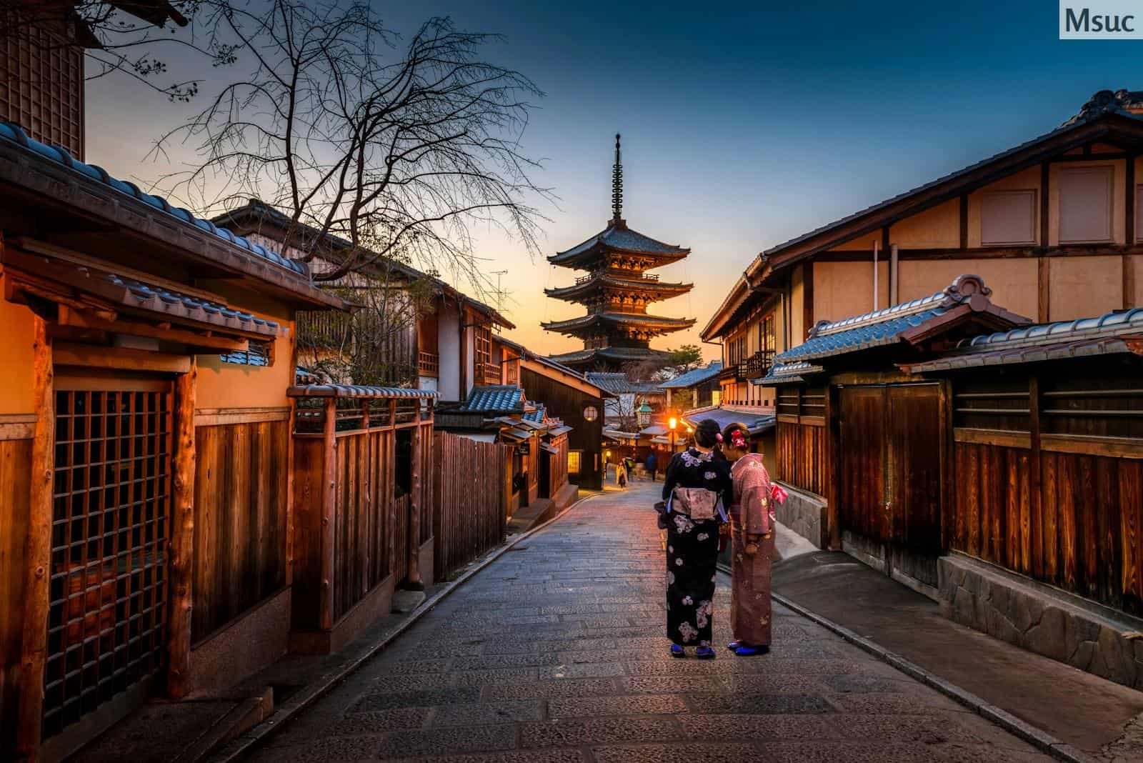 two women in purple and pink kimono standing on street