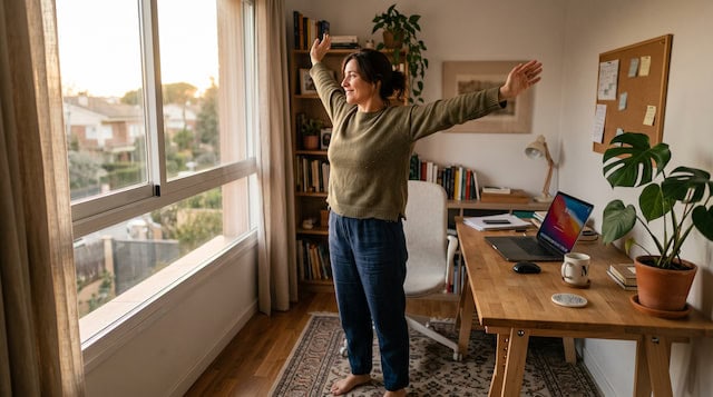 Persona levantándose del escritorio para recuperar energía después de una jornada sedentaria