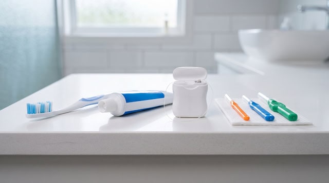 Cepillo, hilo dental y elementos para una rutina de higiene bucodental