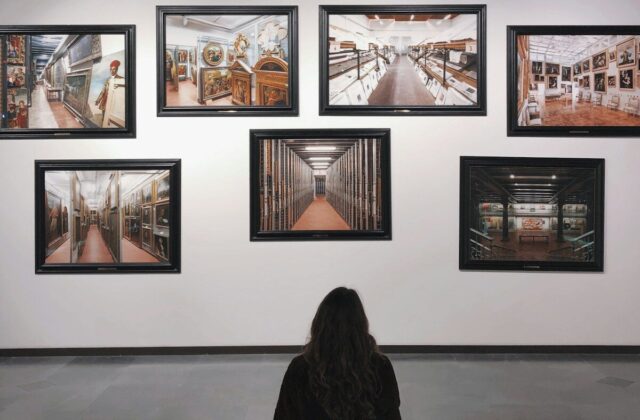 Visitante contemplando una exposición de arte en una sala de museo
